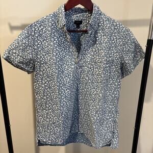 J Crew Popover Shirt Mens M Blue Floral Short Sleeve Casual Button
